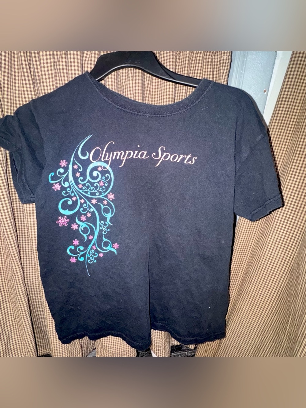Olympia Activewear Black Tee with Teal & Pink Floral Swirl